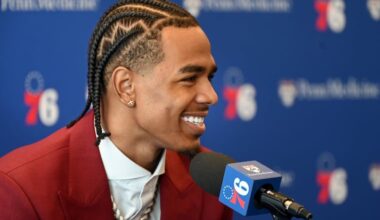 Sixers first round draft pick Labaron Philon Jr. is introduced at the 76ers practice facility in Camden Thursday, June 25, 2026.
