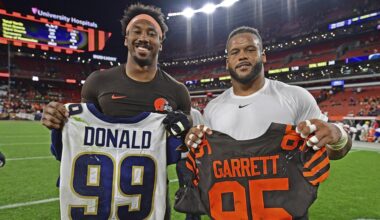 Myles Garrett Posts Aaron Donald Jersey in IG Photo amid Latest NFL Rumors on Potential Rams Return