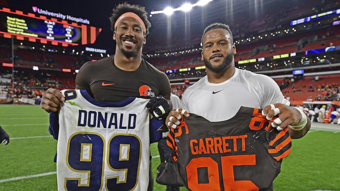 Myles Garrett Posts Aaron Donald Jersey in IG Photo amid Latest NFL Rumors on Potential Rams Return