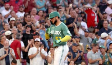 Boston Red Sox's Wilyer Abreu runs to home plate after hitting a solo home run during the third inning of the second baseball game of a doubleheader against the Tampa Bay Rays, Friday, July 17, 2026, in Boston. (AP Photo/Mark Stockwell)