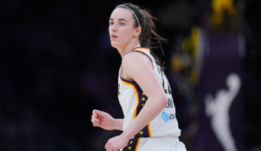 Caitlin Clark running down the court during game between Indiana Fever and Los Angeles Sparks (2026).
