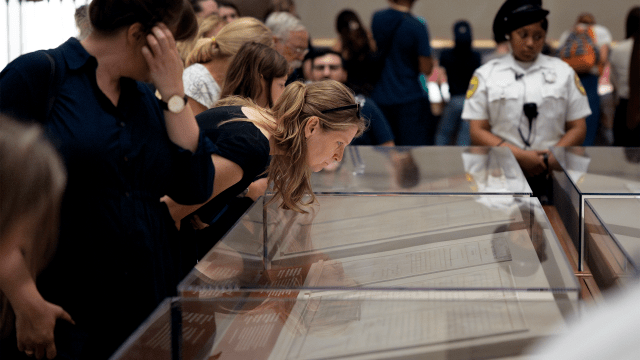 Visitors view the U.S. Constitution at the National Archives in Washington, D.C., on Sept. 23, 2025. (Tom Brenner for the Washington Post via Getty Images)