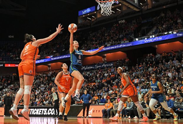 Antonia Delaere #8 of the Minnesota Lynx drives to the basket 