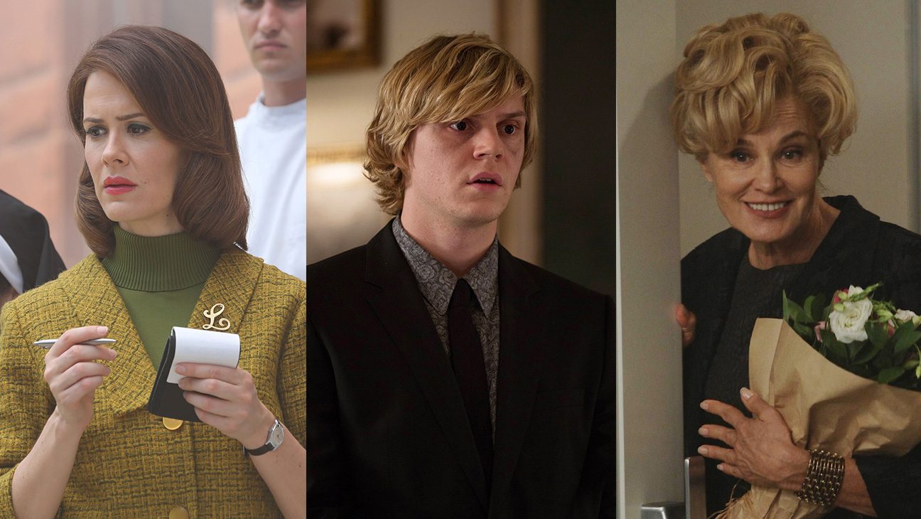 Sarah Paulson in Asylum, Evan Peters in Coven and Jessica Lange in Murder House, American Horror Story