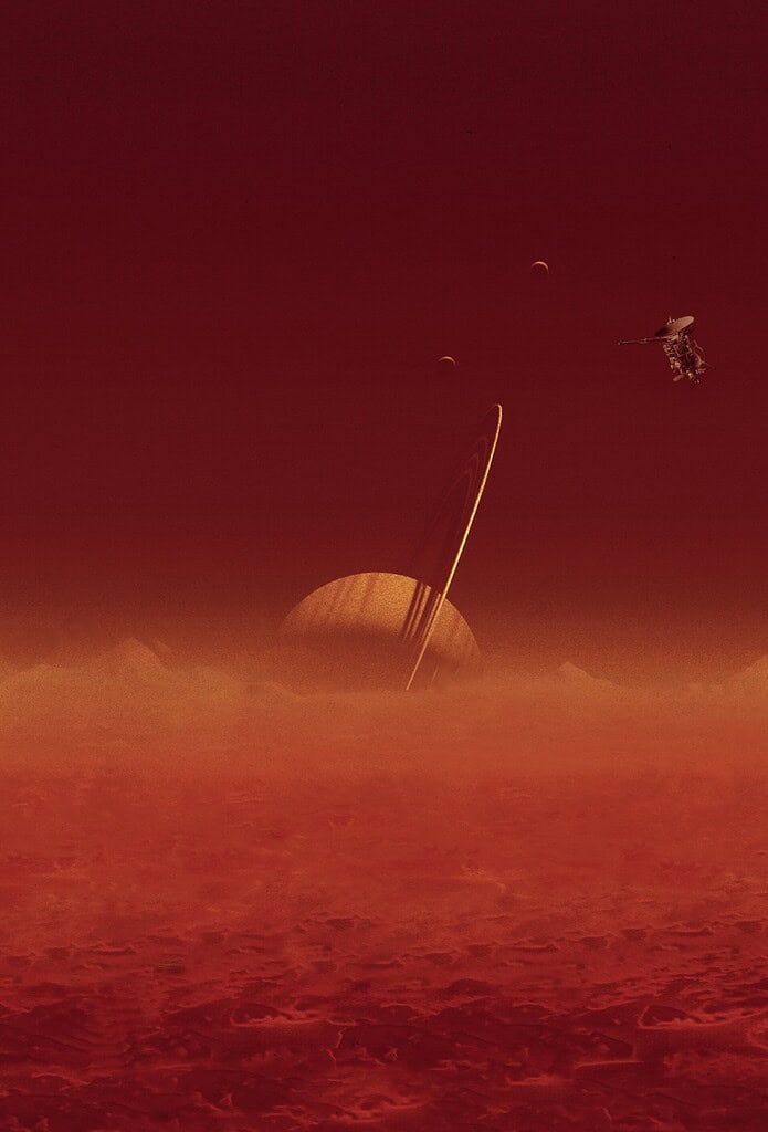 Futuristic alien planet landscape with a large planet and spacecraft in red sky.