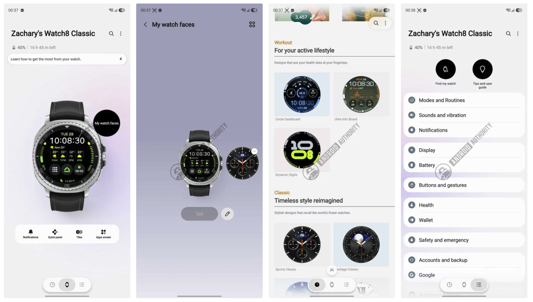 Four screenshots of new Galaxy Wearable app