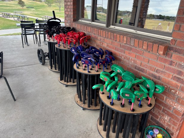 Plastic clubs are set up for youngsters taking part in a SNAG (Starting New at Golf) program at Cattail Creek in Loveland on April 14, 2026. (Barbara Ellis, The Denver Post)