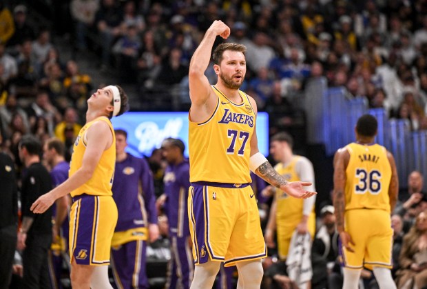 Luka Doncic (77) of the Los Angeles Lakers reacts to being called for goaltending during the third quarter against the Denver Nuggets at Ball Arena in Denver on Thursday, March 5, 2026. (Photo by AAron Ontiveroz/The Denver Post)