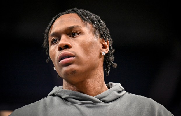 Peyton Watson (8) of the Denver Nuggets works out during shoot around before game three of the best-of-seven series against the Minnesota Timberwolves at the Target Center in Minneapolis, Minnesota on Thursday, April 23, 2026. (Photo by AAron Ontiveroz/The Denver Post)
