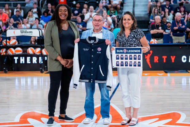 Former Connecticut Sun Head Coach and General Manager Curt Miller is honored as a Sun Legend during the WNBA basketball game between the Dallas Wings and the Connecticut Sun at PeoplesBank Arena on July 02, 2026 in Hartford, Connecticut. NOTE TO USER: User expressly acknowledges and agrees that, by downloading and or using this Photograph, user is consenting to the terms and conditions of the Getty Images License Agreement. (Photo by Joe Buglewicz/Getty Images)