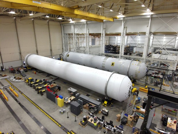 Relativity Space's first stage flight and qualification articles for its Terran R rocket sit at the manufacturing site at its Long Beach, California facilities in this June 2026 handout image. (Courtesy/Relativity Space)