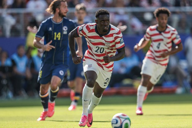 The United States' Folarin Balogun (20) controls the ball against Bosnia Herzegovina in a World Cup Round of 32 match in Santa Clara, California, on July 1, 2026. (Robert Gauthier/Los Angeles Times/TNS)