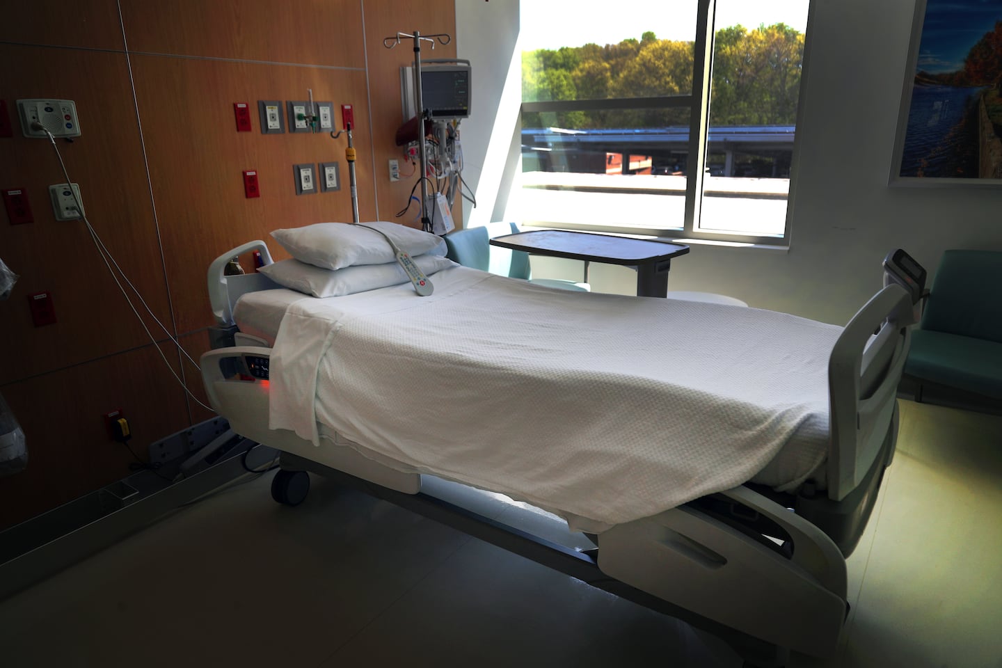 A bed seen in Mass General Brigham’s Newton-Wellesley Hospital on May 5.