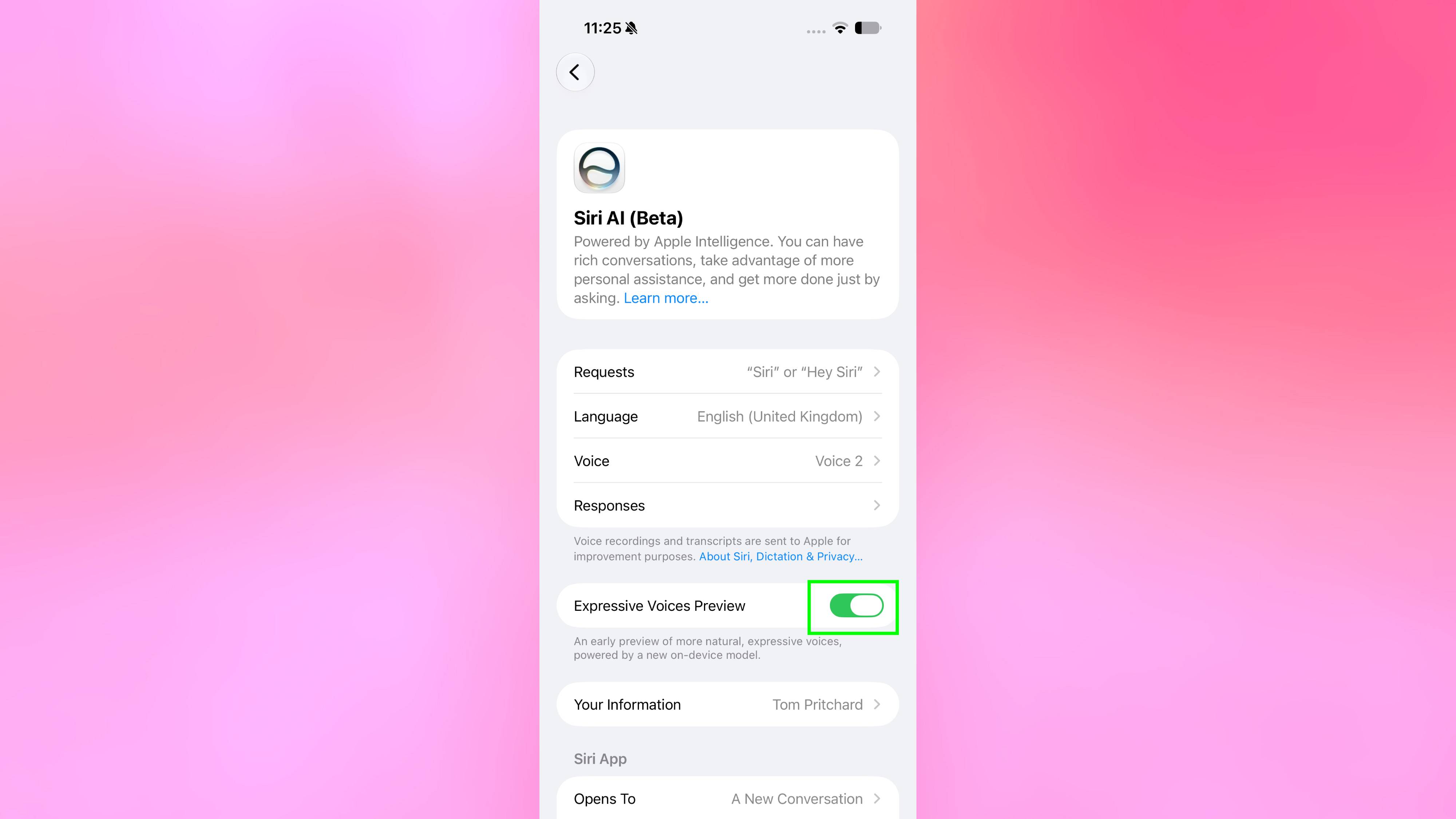 Siri Expressive Voices Preview toggled on in Beta 2