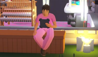 A sim holding a tablet sitting on a counter