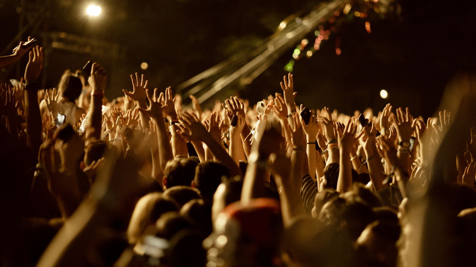 Large group of fans with arms raised having fun on a music concert at night