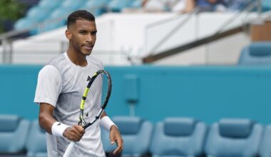 Felix Auger-Aliassime celebrates a big win at the Miami Open.
