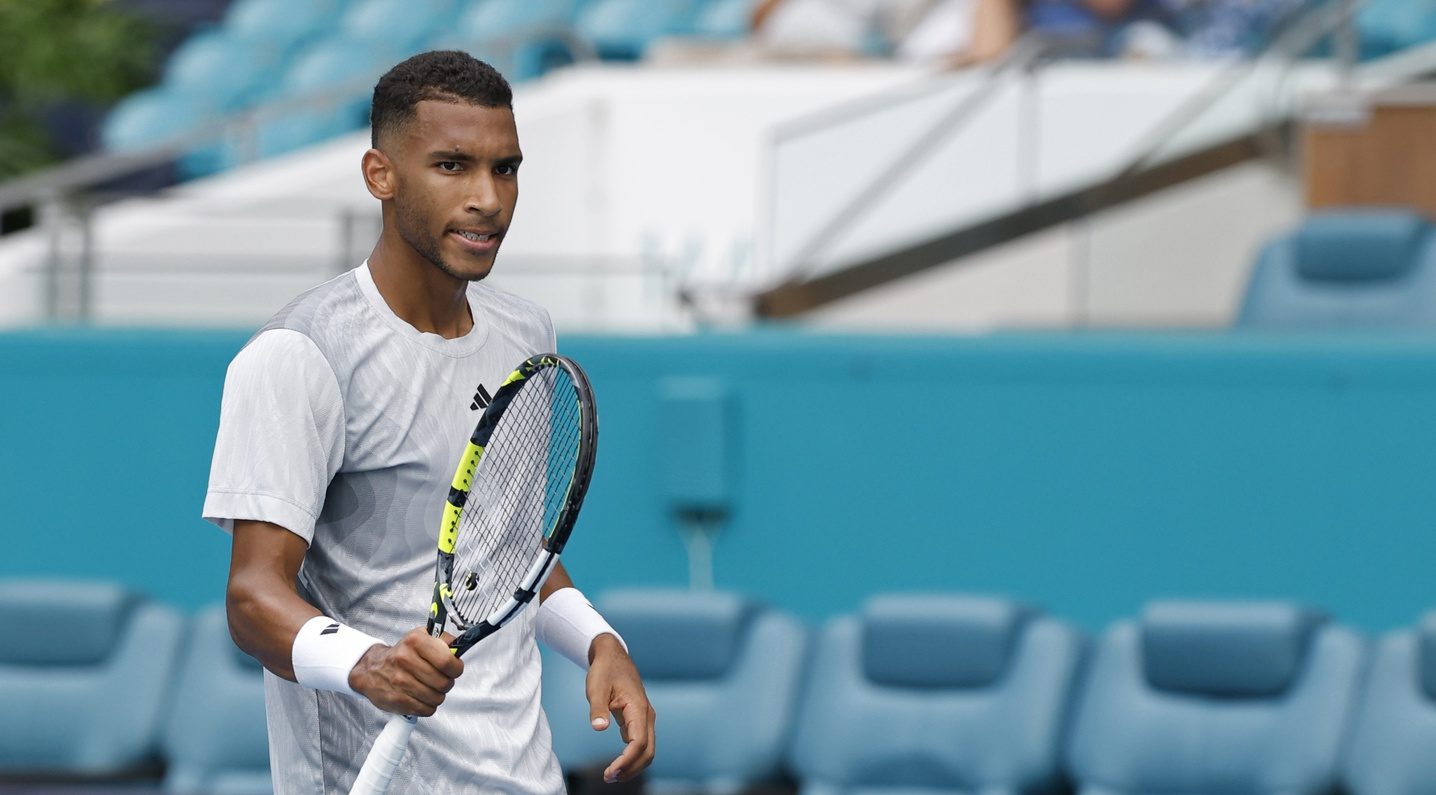 Felix Auger-Aliassime celebrates a big win at the Miami Open.