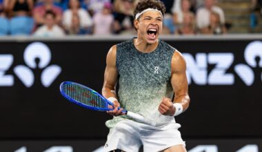 Ben Shelton celebrates a win over Valentin Vacherot at the 2026 Australian Open.