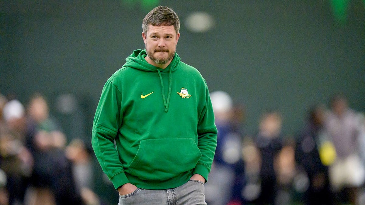 Oregon head coach Dan Lanning attends Oregon Pro Day at the Moshofsky Center in Eugene, Oregon.