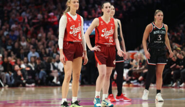 May 30, 2026; Portland, Oregon, USA; Indiana Fever guard Sophie Cunningham (8) and guard Caitlin Clark (22) stand next to each other during the second half against the Portland Fire at Moda Center. Mandatory Credit: Jaime Valdez-Imagn Images