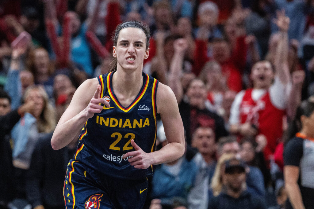 Jun 24, 2026; Indianapolis, Indiana, USA; Indiana Fever guard Caitlin Clark (22) celebrates a made shot in the first half against the Phoenix Mercury at Gainbridge Fieldhouse. Mandatory Credit: Trevor Ruszkowski-Imagn Images