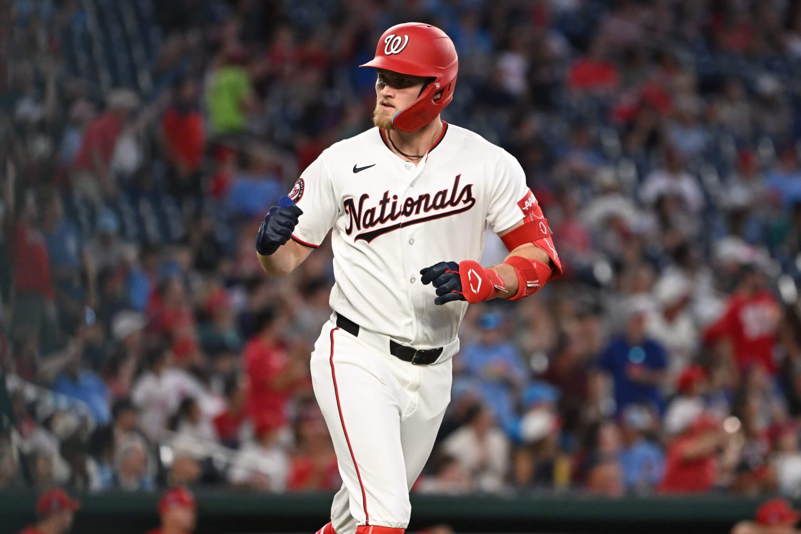 Washington Nationals third baseman Curtis Mead (45) reacts after hitting a two run home run against the Philadelphia Phillies during the sixth inning at Nationals Park.