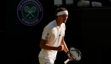 Alexander Zverev celebrates a win over Marcos Giron at the 2026 Wimbledon Championships.