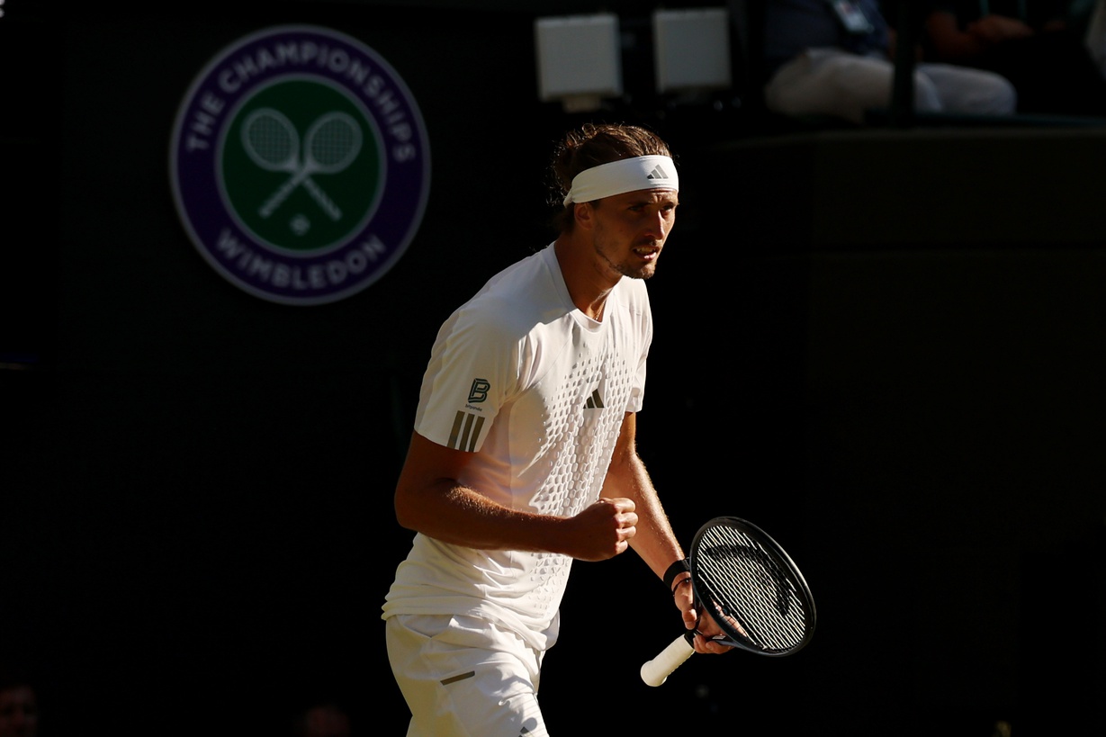 Alexander Zverev celebrates a win over Marcos Giron at the 2026 Wimbledon Championships.