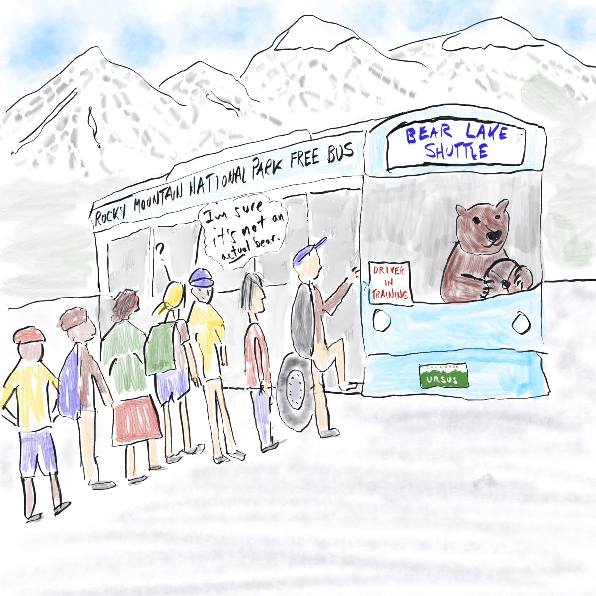 A cartoon drawing of a crowd boarding a bus taking them to Bear Lake. A bear is in the driver's seat