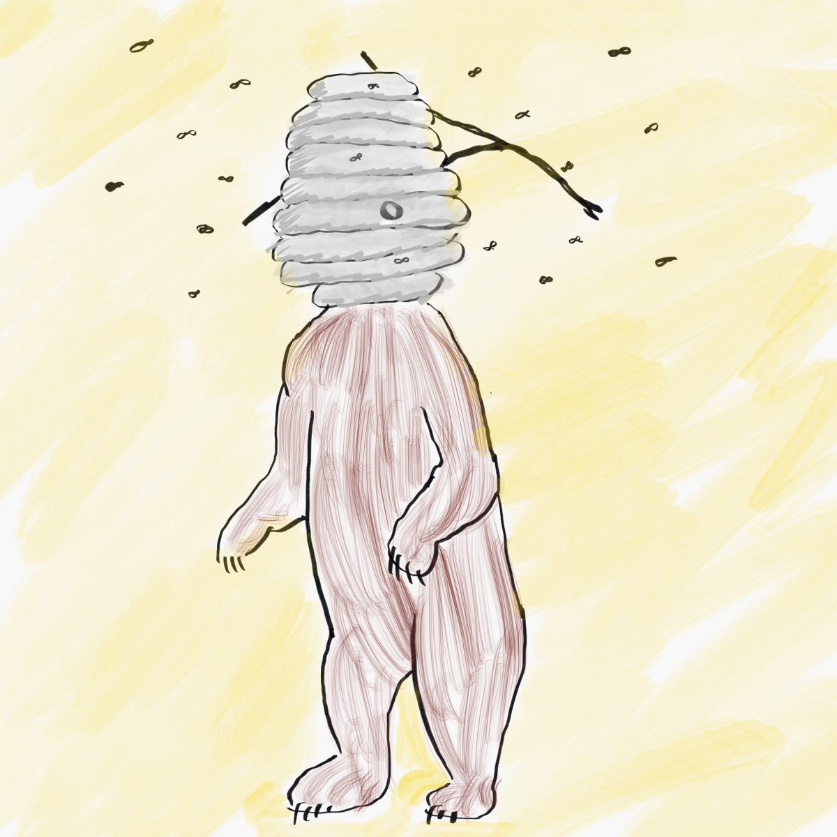 A cartoon drawing of a bear with a bee hive over its head.