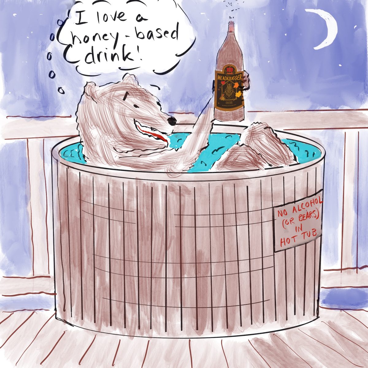 A cartoon drawing of a bear in a hot tub drinking a beer. Its thought bubble says "I love a honey-based drink"