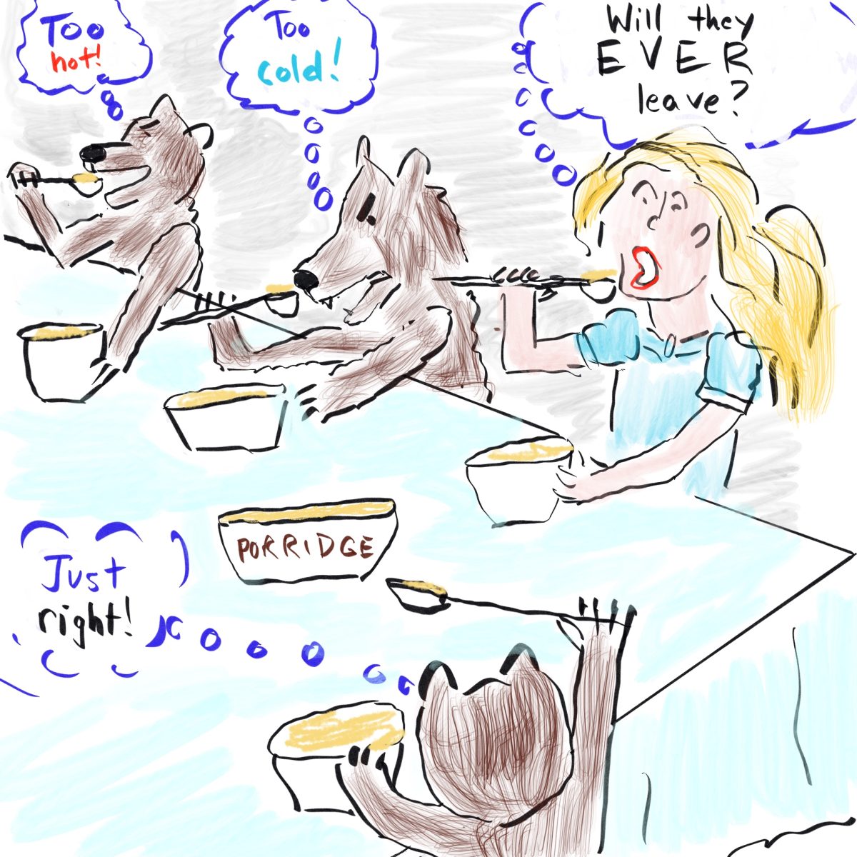 A cartoon drawing of Goldilocks at her breakfast table with bears. Her thought bubble reads "Will they ever leave?"