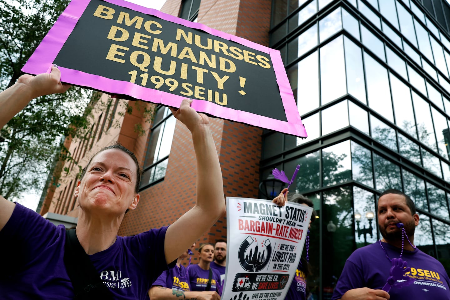Katie Connors, a nurse at Boston Medical Center, joined picketers outside the hospital Wednesday.
