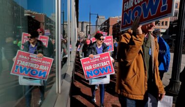 Clinicians with MGB Home Care and their supporters picketed outside Massachusetts General Hospital in Boston in March.
