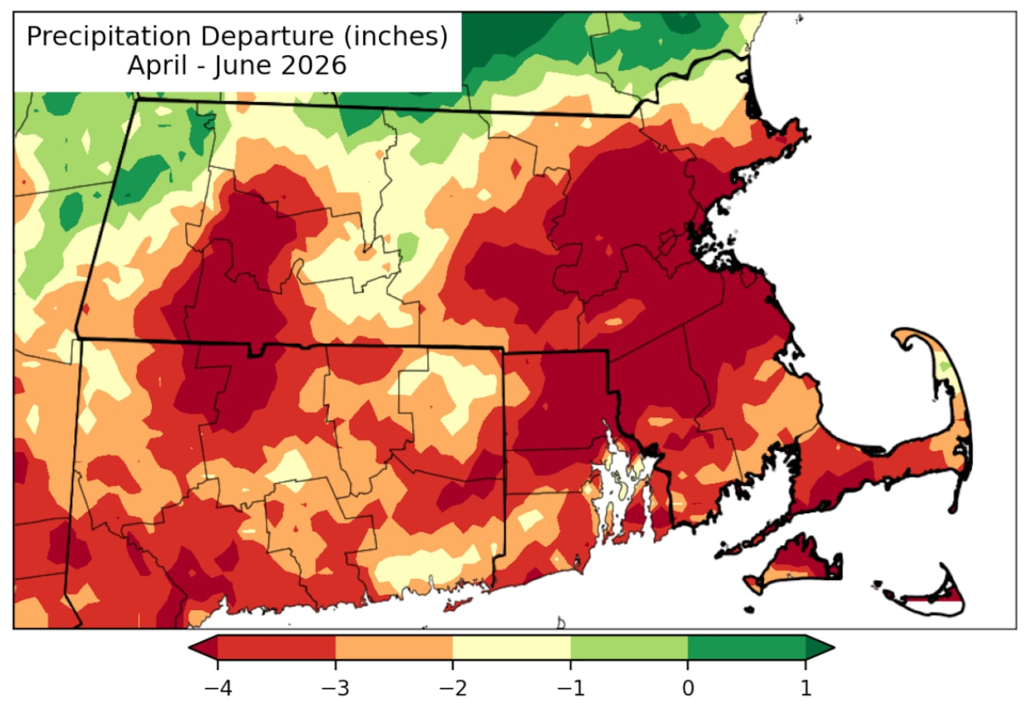 Almost all of Southern New England saw dramatically lower than average rain from April through June.