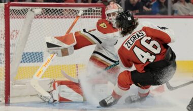 Flyers' Trevor Zegras (right) is one of several players exchanged between Philly and Anaheim over the last couple of seasons.