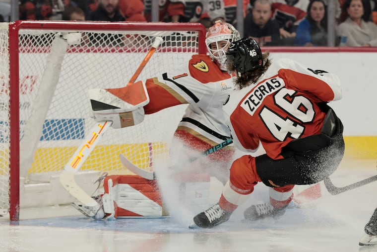 Flyers' Trevor Zegras (right) is one of several players exchanged between Philly and Anaheim over the last couple of seasons.