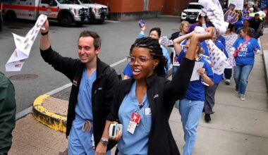 Boston Medical Center nurses, doctors, and staff along with members of the SEIU union picketed in front of the hospital Thursday on Albany Street for better wages.