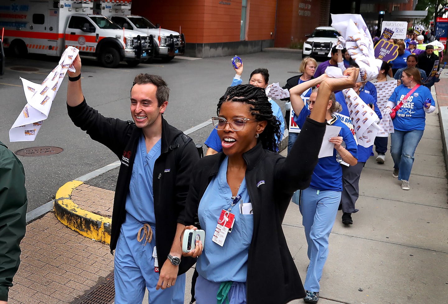 Boston Medical Center nurses, doctors, and staff along with members of the SEIU union picketed in front of the hospital Thursday on Albany Street for better wages.