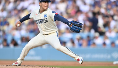 Jul 11, 2026; Los Angeles, California, USA; Los Angeles Dodgers pitcher Yoshinobu Yamamoto (18) throws during the second inning against the Arizona Diamondbacks at Dodger Stadium. Mandatory Credit: William Liang-Imagn Images