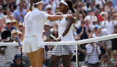Coco Gauff of the United States congratulates Czech Republic's Karolina Muchova for winning during their women's singles semifinal match Thursday at Wimbledon.