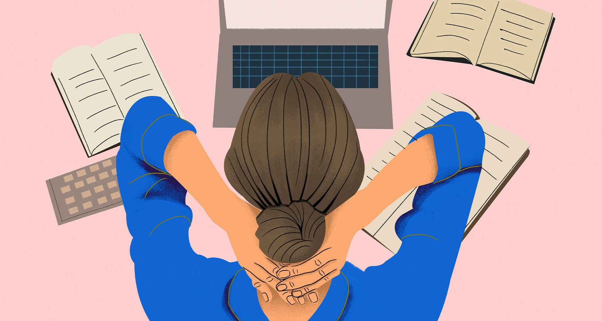 High angle view of a female office worker with hands around back of neck with laptop and books scattered around a desk.