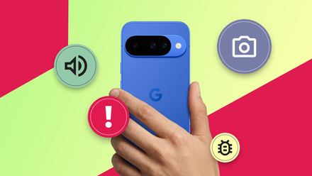 A hand holding a blue Google Pixel phone with an alert icon and icons representing camera, audio, and bugs.