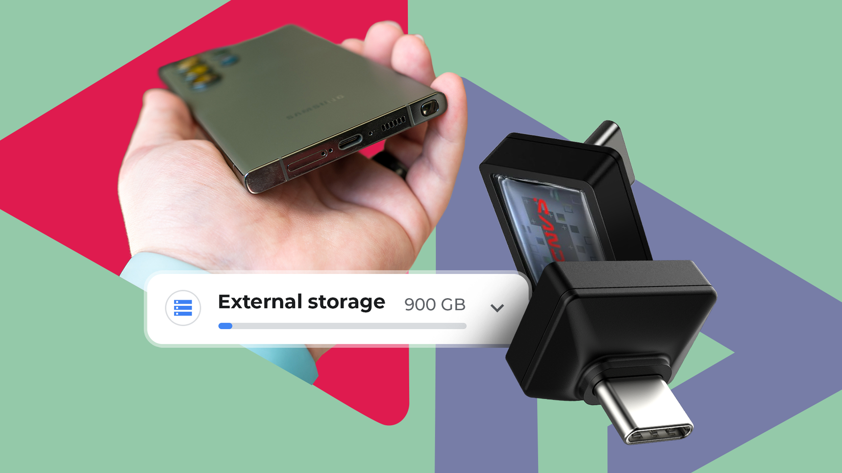 A hand holding a smartphone next to a tiny USB-C flash drive with a storage notification overlay