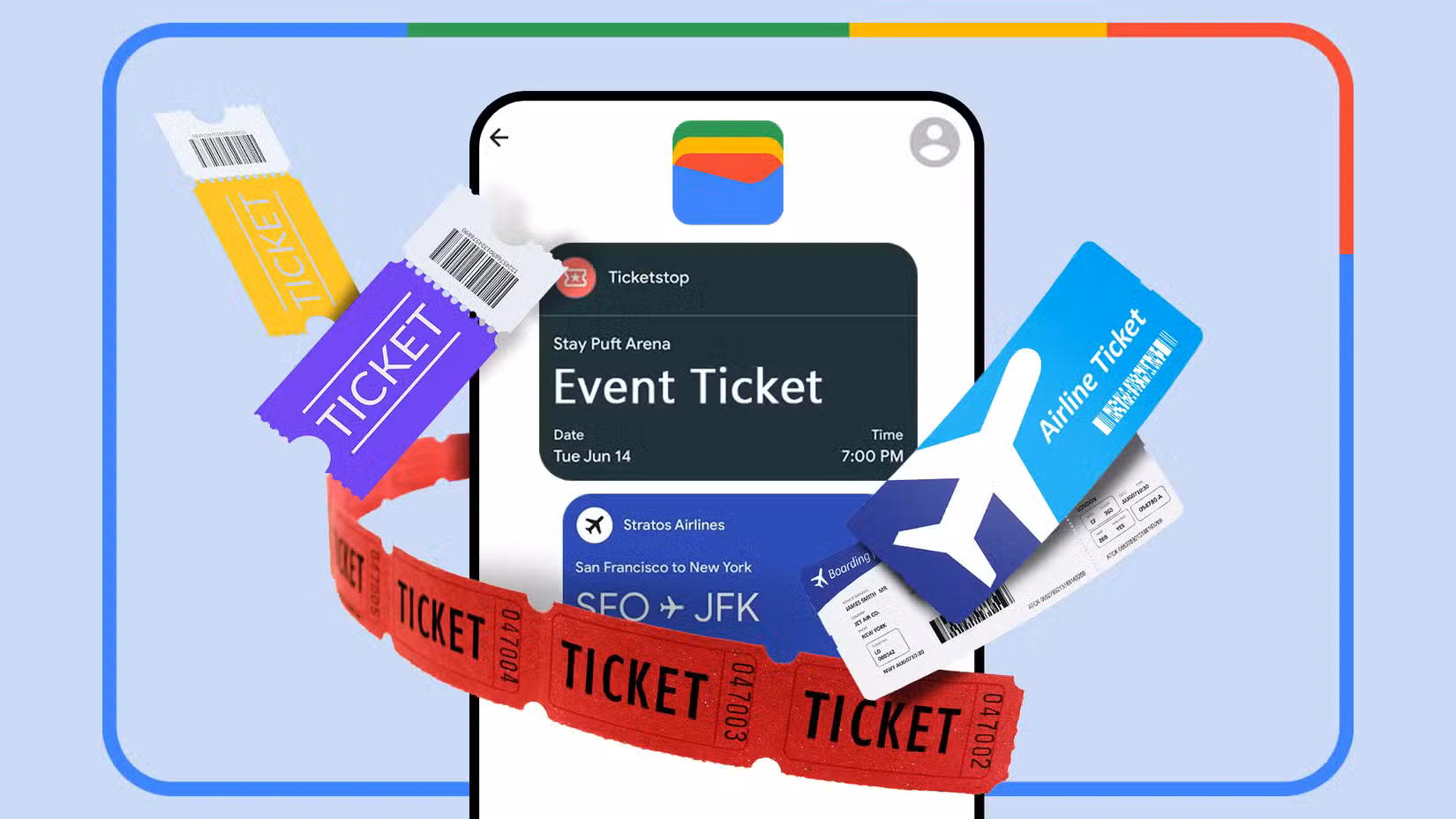 A phone with Google Wallet open and various tickets around it.