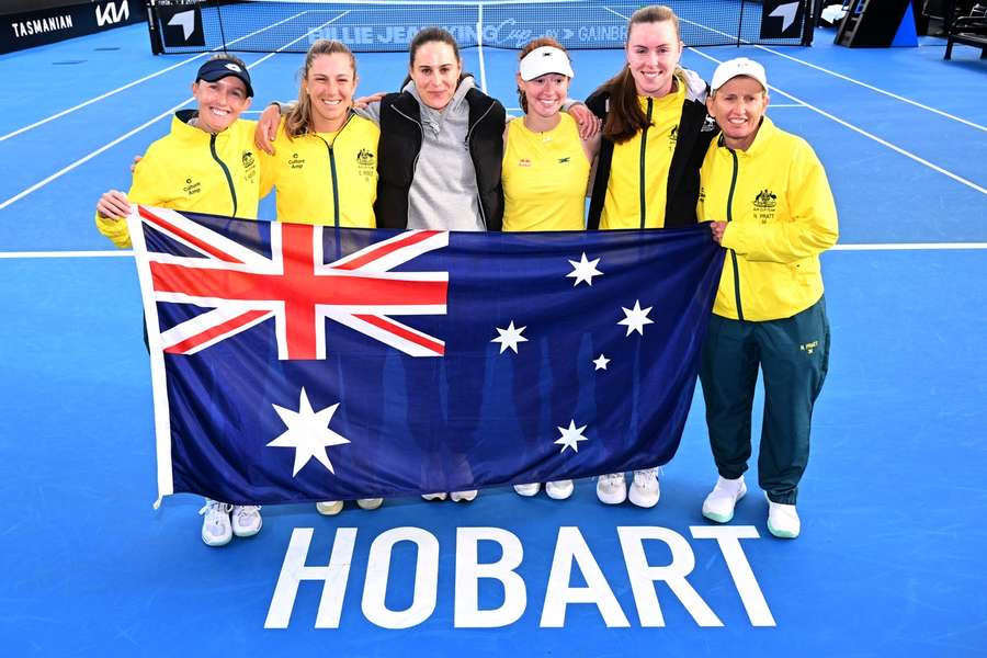 Maya Joint with the Australian team at the BJK Cup in Hobart
