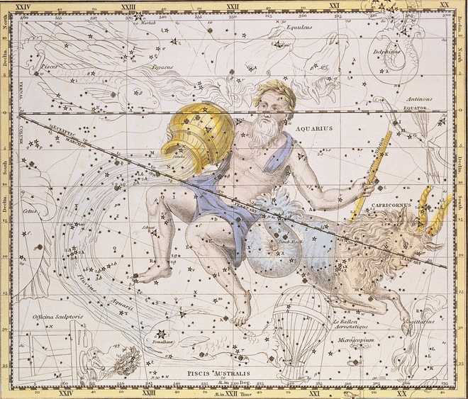 The Constellations Aquarius and Capricorn from A Celestial Atlas by Alexander Jamieson The Constellations Aquarius and Capricorn from A Celestial Atlas by Alexander Jamieson (Photo by © Historical Picture Archive/CORBIS/Corbis via Getty Images)