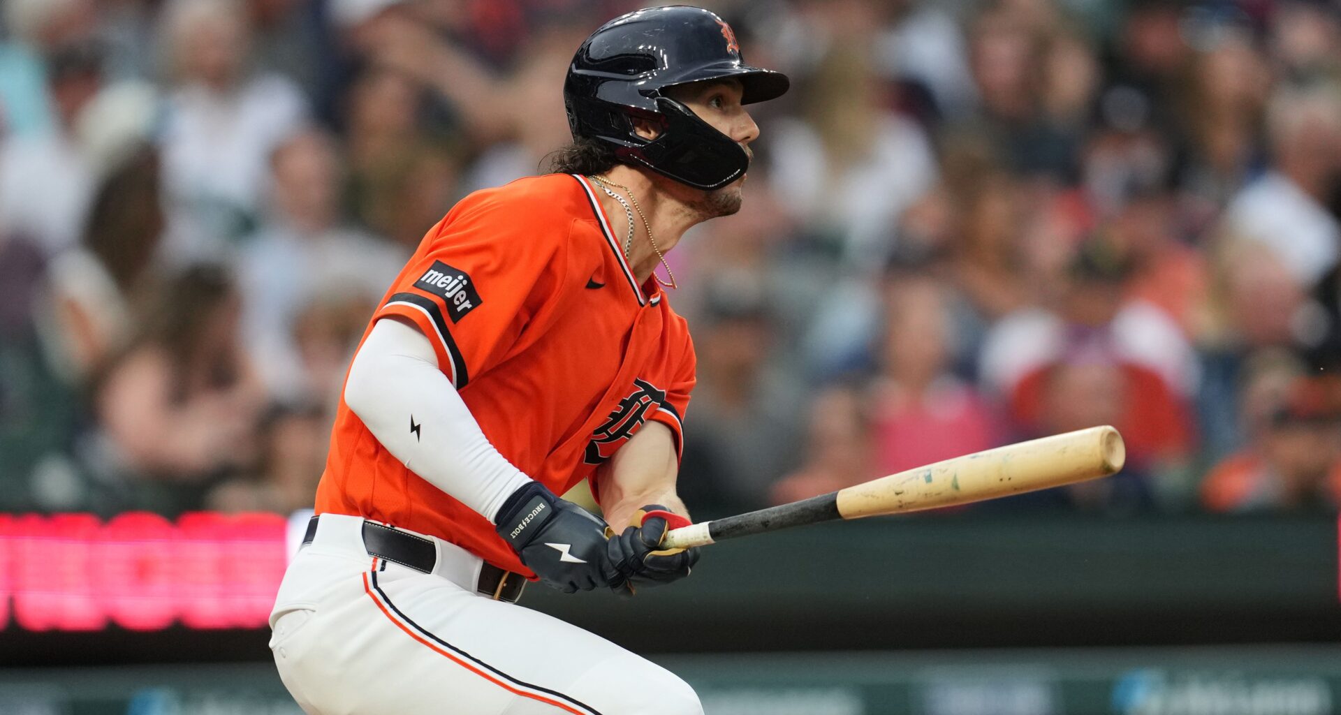 Detroit Tigers' James Outman hits a two-run triple against the Philadelphia Phillies during the sixth inning Friday, July 10, 2026, in Detroit. (AP Photo/Paul Sancya)