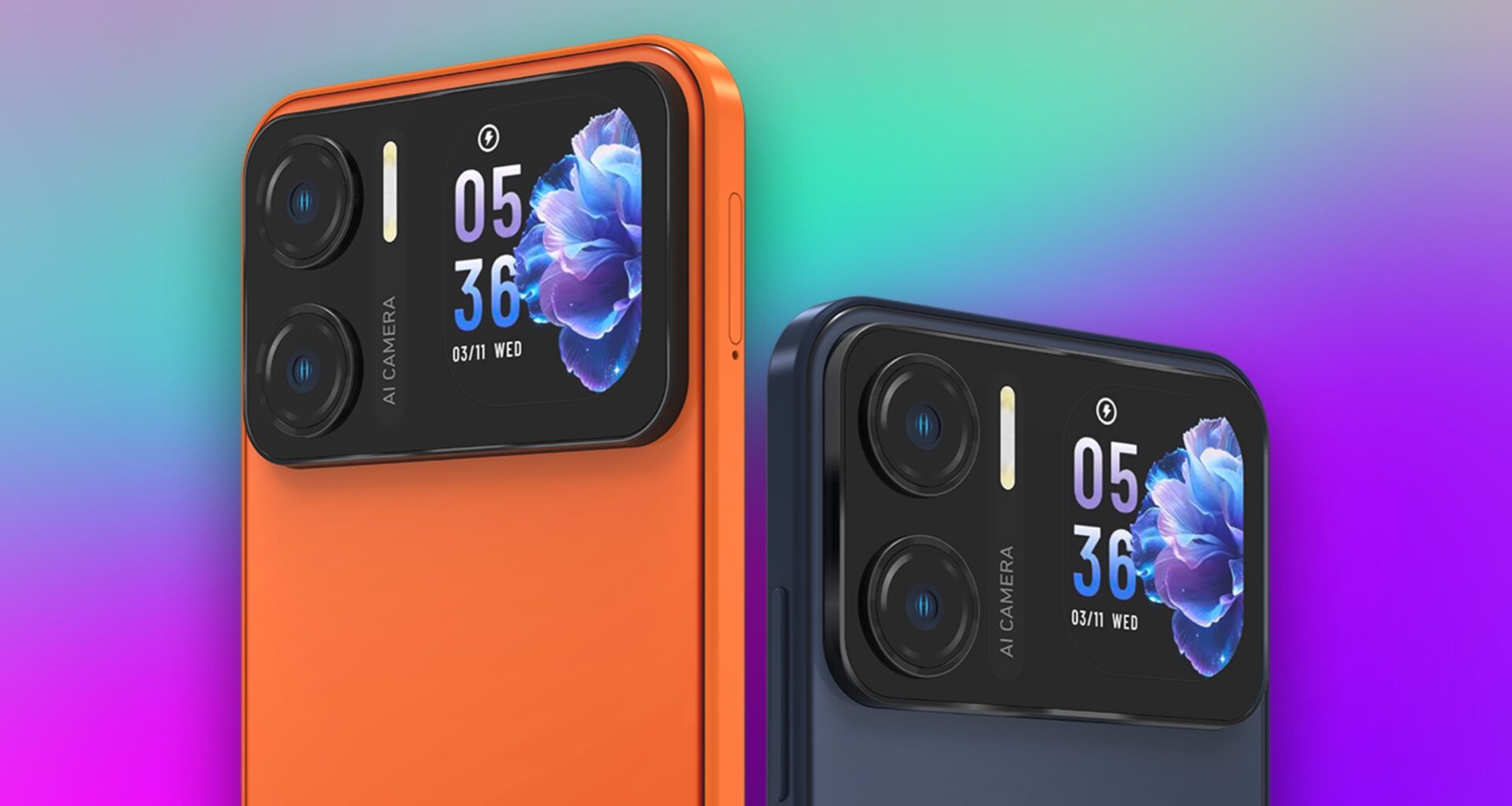 A pair of Acer Sospiro A15 phones, one in orange, the other in gray, showing the rear display.